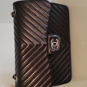 Chevron Chanel Goatskin Black Jumbo Flap